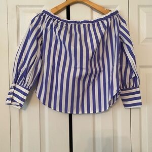 J. Crew Blue and White Striped Off-Shoulder Blouse Thomas Mason for J Crew